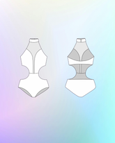Two flat technical line drawings of one-piece swimsuit or bodysuit silhouettes shown side by side on a soft pastel gradient background. The left drawing shows a front view with a large panel down the centre front and side cutouts; the right drawing shows a back view with underbust and waist cutouts and a high-cut leg style.