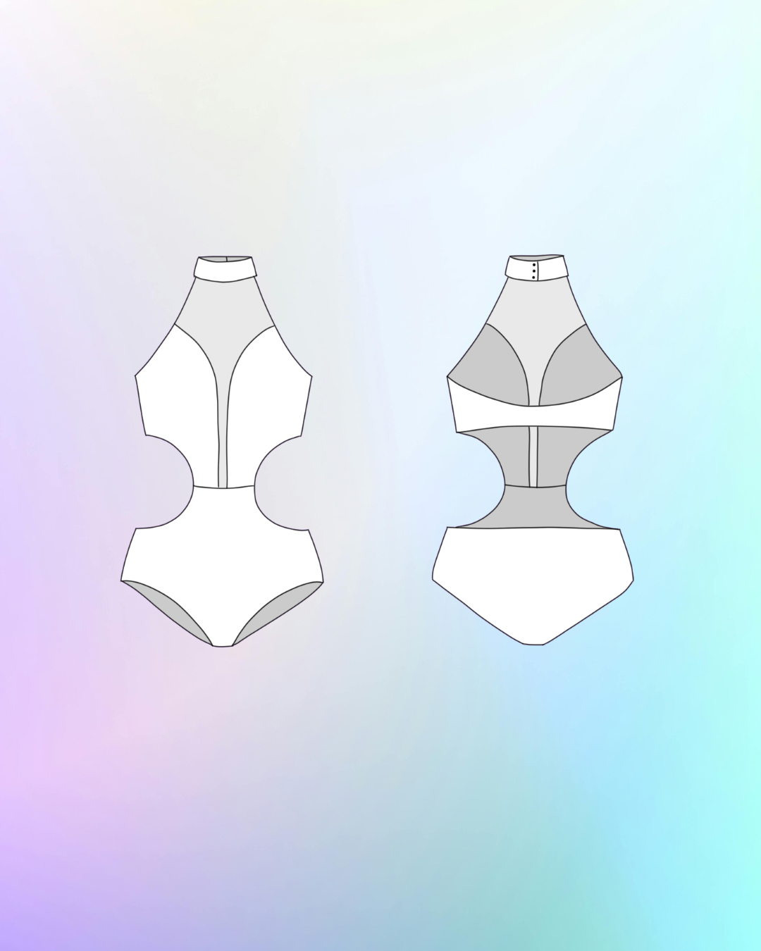 Two flat technical line drawings of one-piece swimsuit or bodysuit silhouettes shown side by side on a soft pastel gradient background. The left drawing shows a front view with a large panel down the centre front and side cutouts; the right drawing shows a back view with underbust and waist cutouts and a high-cut leg style.
