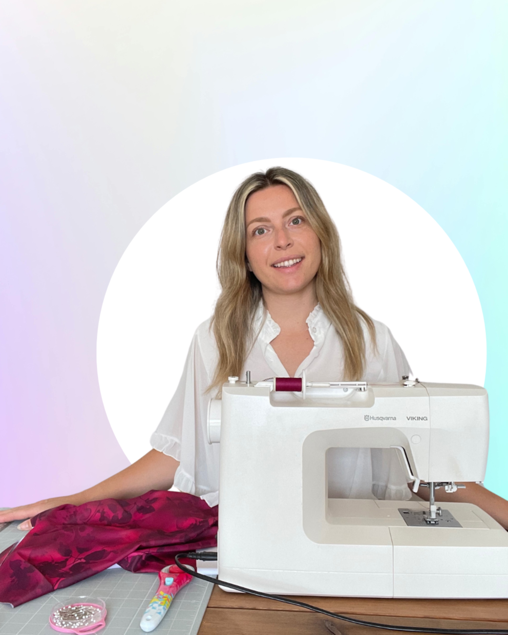 Fenella sat with her sewing machine and Lycra fabric