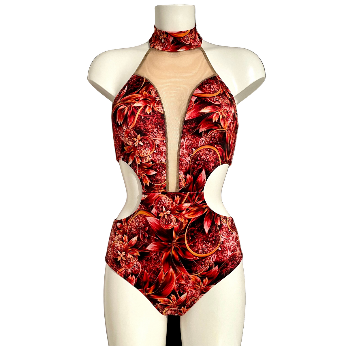 Red floral swimsuit on a mannequin against a white background