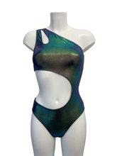 Green foiled lycra leotard on white mannequin