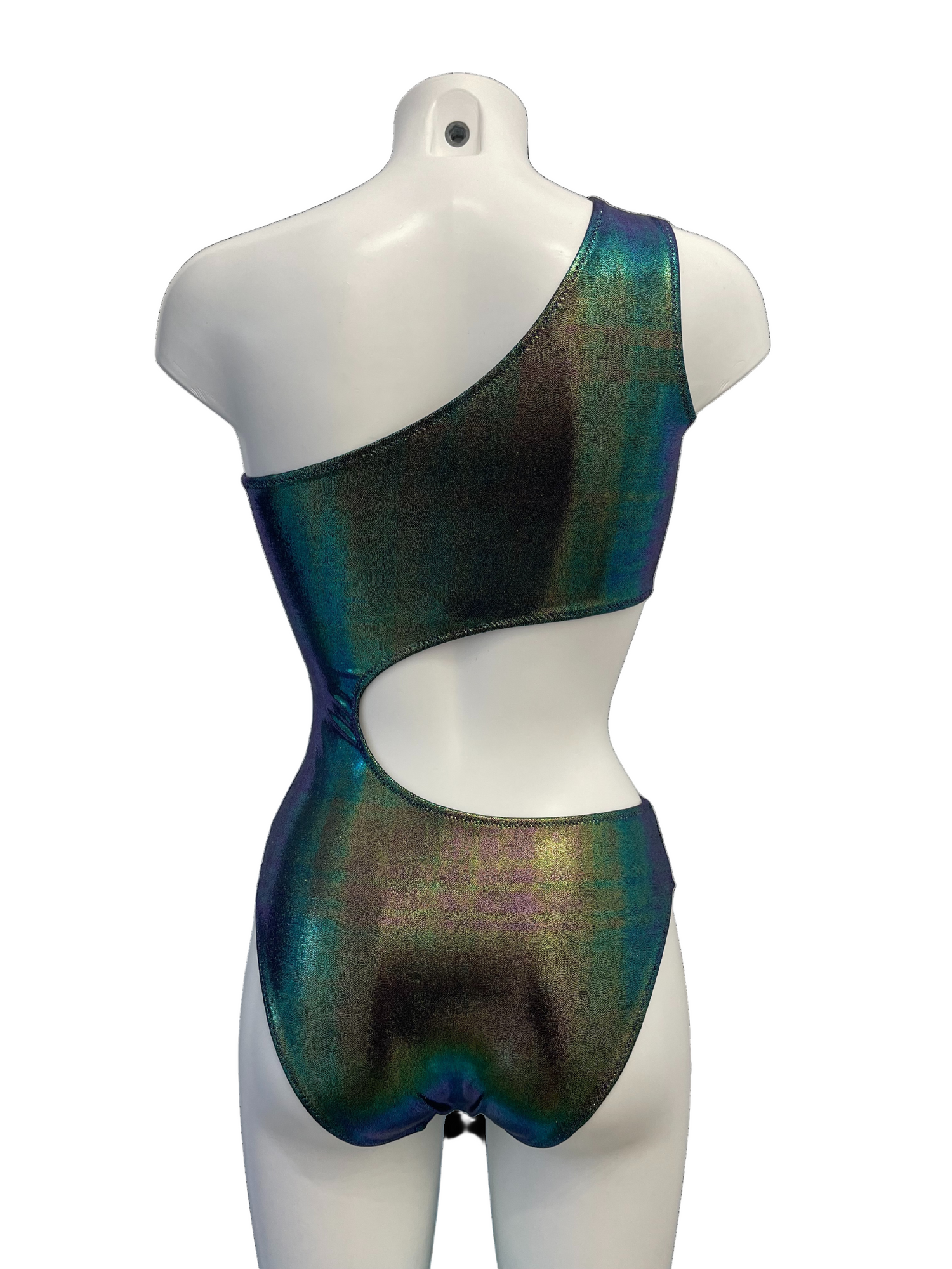 Back view of green foiled lycra leotard on white mannequin