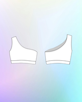 technical line drawing of one shoulder dance top for sewing pattern