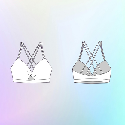 Two minimalist line-art illustrations of sports bra/crop top back views on a soft pastel gradient background. The left drawing shows a white bra with thin crisscross straps and a small front keyhole detail.