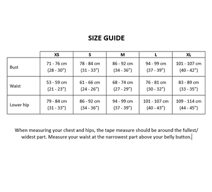 Size guide chart for clothing measurements on a white background